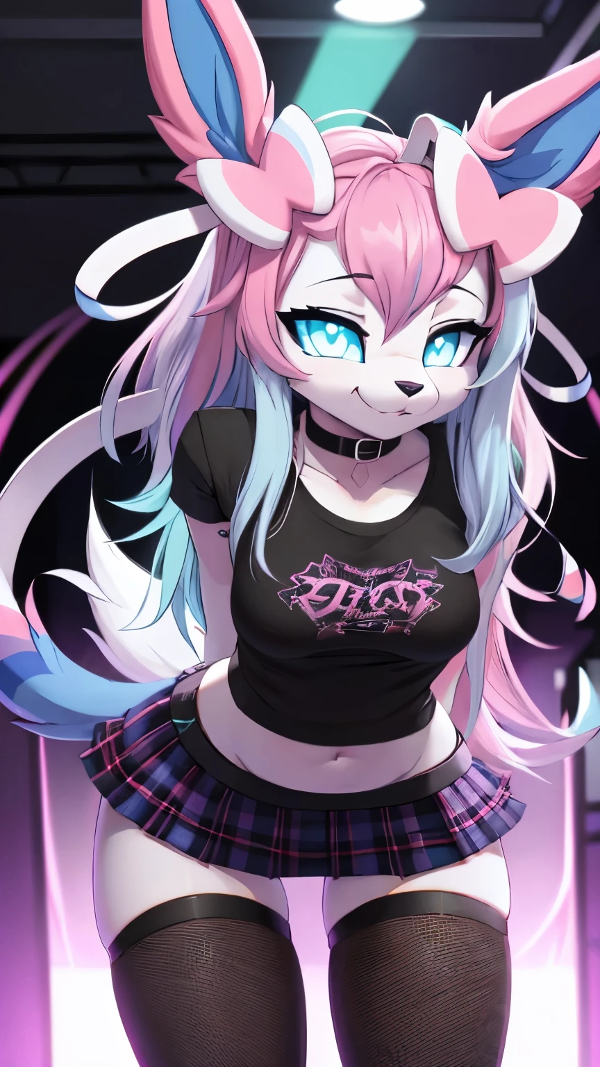 best quality,best resolution,(fluffy anthro furry :1.3),Sylveon,cyan eyes,glowing eyes,neon eyes,glistering eyes,medium breasts,(party club),eye close,looking at viewer,front view,Sylveon,teenager (18 years old),(neon lights,party rave),long hair,(punk),plaid skirt,fishnets,black t-shirt,choker,multicolored hair,(bent over)