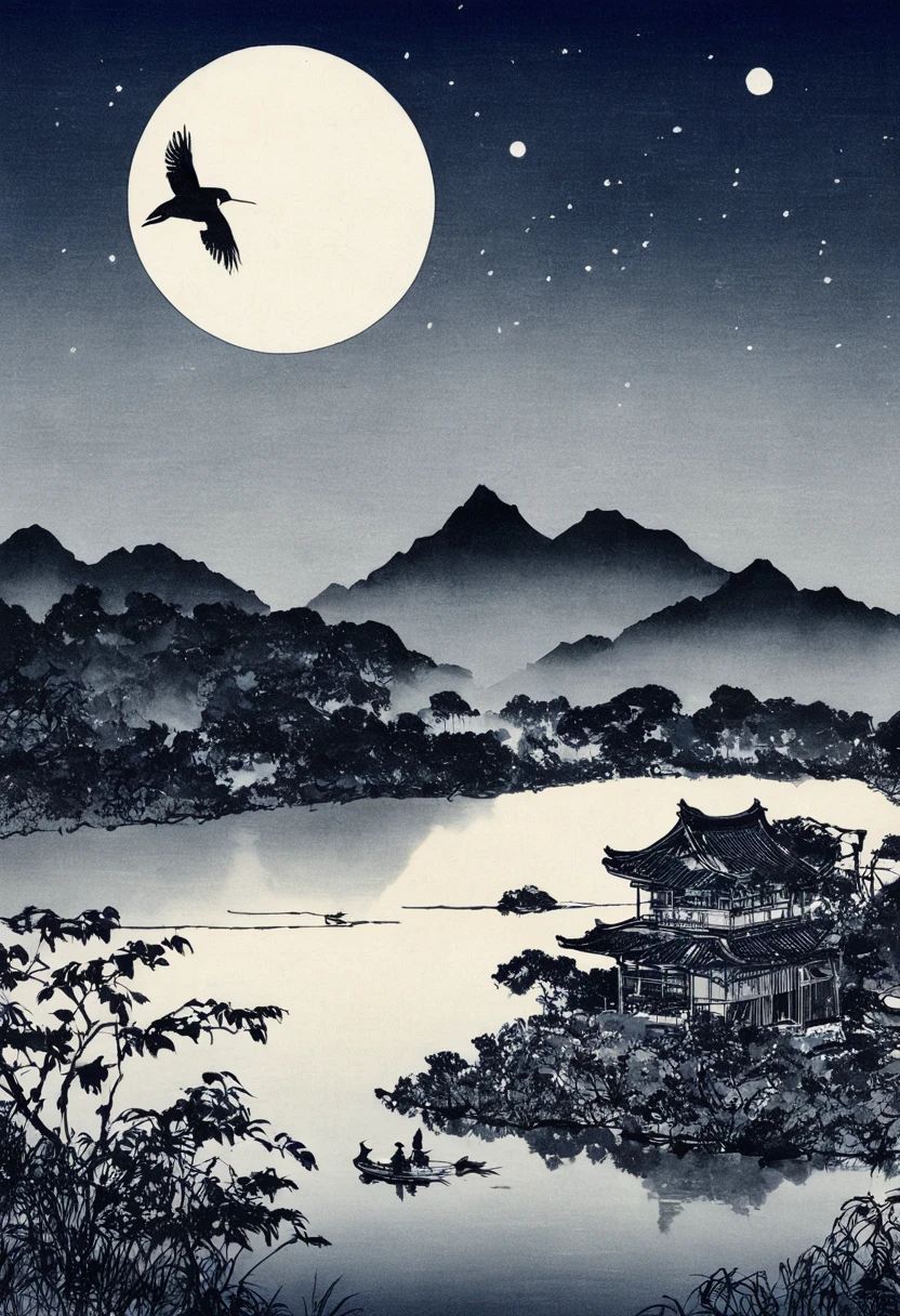 bird、lake、moon、star、Monochrome