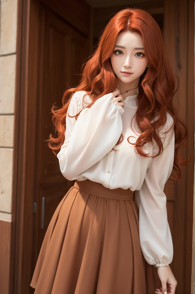 a super realistic big red hair wavy light brown eye cropped with sleeves skirt 