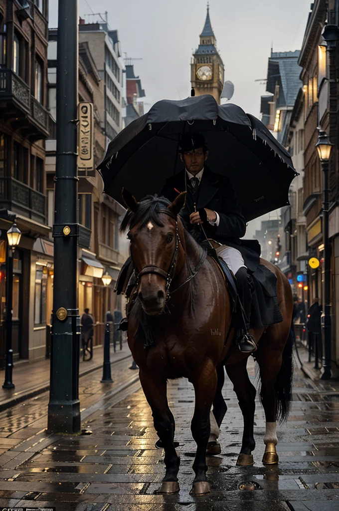 A foggy Victorian London street at night, cobblestone roads glistening with moisture, illuminated by gas street lamps casting a warm, golden glow. Horse-drawn carriages trundle along the road, their wheels echoing against the cobblestones. Tall, narrow buildings with ornate facades line the street, their windows adorned with wrought-iron balconies. Gentlemen in top hats and long coats, and ladies in elegant dresses with parasols, stroll along the sidewalks. In the distance, the iconic silhouette of Big Ben rises above the mist, its clock face dimly visible. The entire scene exudes a sense of historical charm and mystery, reminiscent of a Sherlock Holmes adventure.