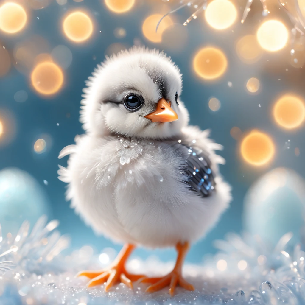 a detailed and enchanting image of a small, fluffy chick with soft, light blue and white feathers standing amidst sparkling crystals. The chick has large, round black eyes, a small orange beak, and tiny orange feet. The background is softly blurred with a bokeh effect, featuring warm, glowing lights that add a magical atmosphere. Some feathers are floating around the chick, enhancing the whimsical feel. The ground is covered with various crystals and small rocks, reflecting light and adding to the dreamy, fairy-tale setting. The overall mood should be cute, magical, and heartwarming, capturing the innocence and charm of the chick.