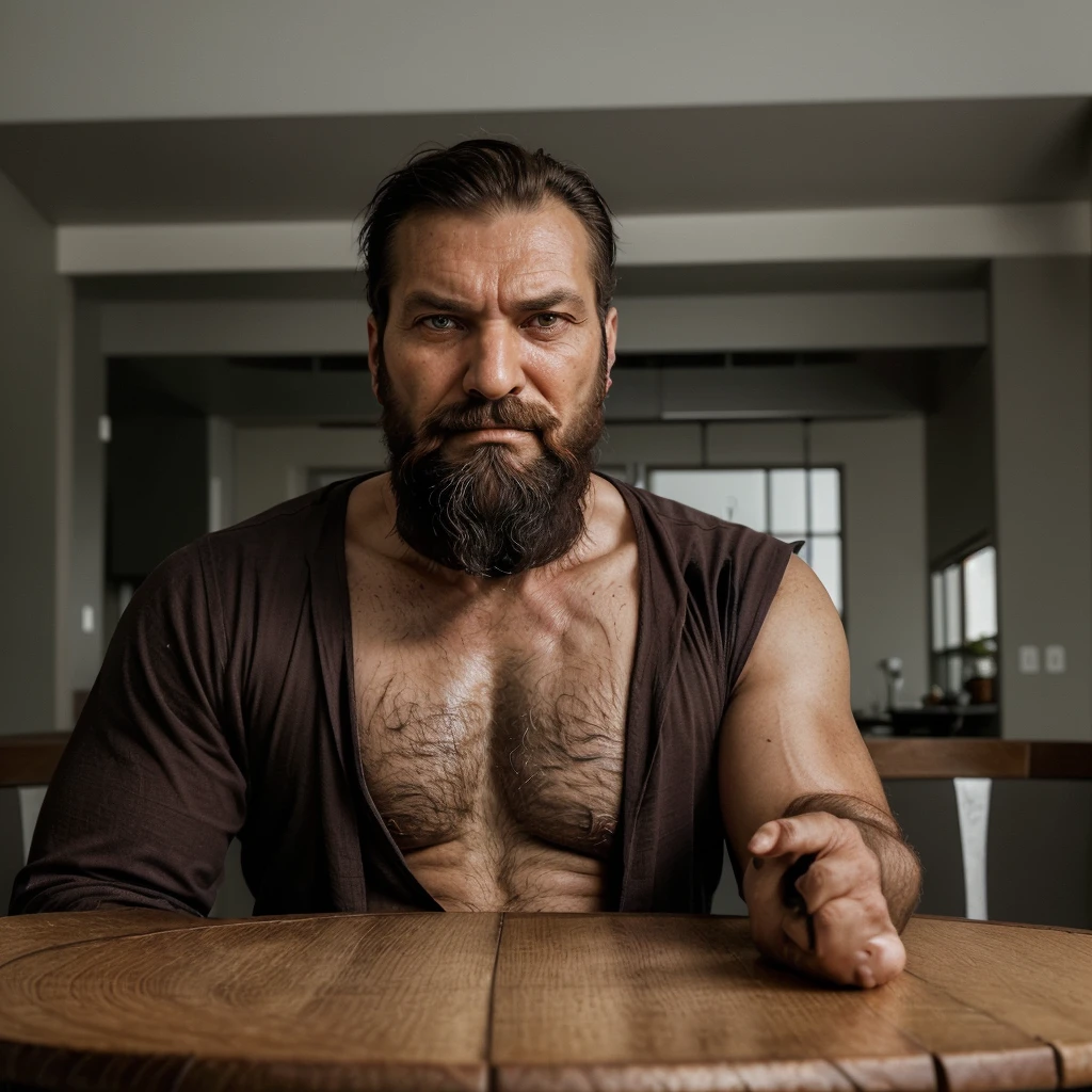 Man with an evil beard in his 40s, robust and sensual, sitting in front of a table drinking coffee and with a serious look reflecting on something serious