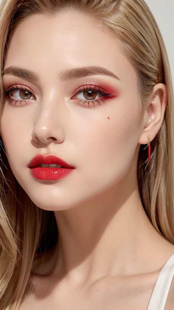 Red make-up,  red lipstick, slicked back Blond hair, Detailed Face, Detailed Lips, Detailed Eyes, 