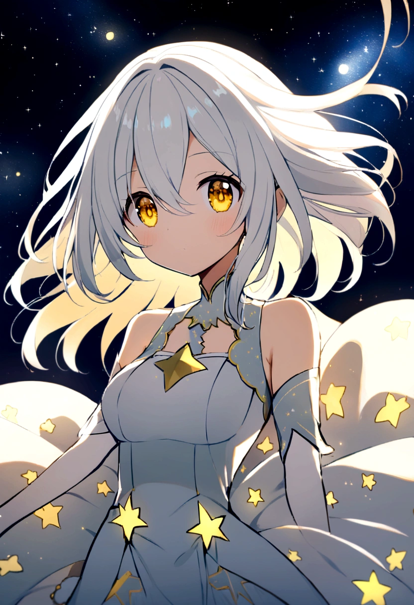 Stellar 2D anime girl in white star-themed dress full of stars, yellow eyes and white hair