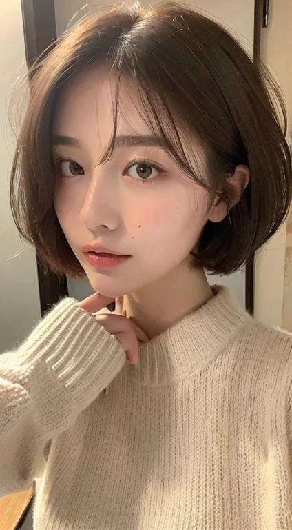 ((Highest quality、8K、masterpiece:1.3))、1 Girl、Beautiful woman with slim abs:1.3、(Medium Short Hair、Big Breasts:1.2)、Mole　Pale skin　knit　Sweater Profile　