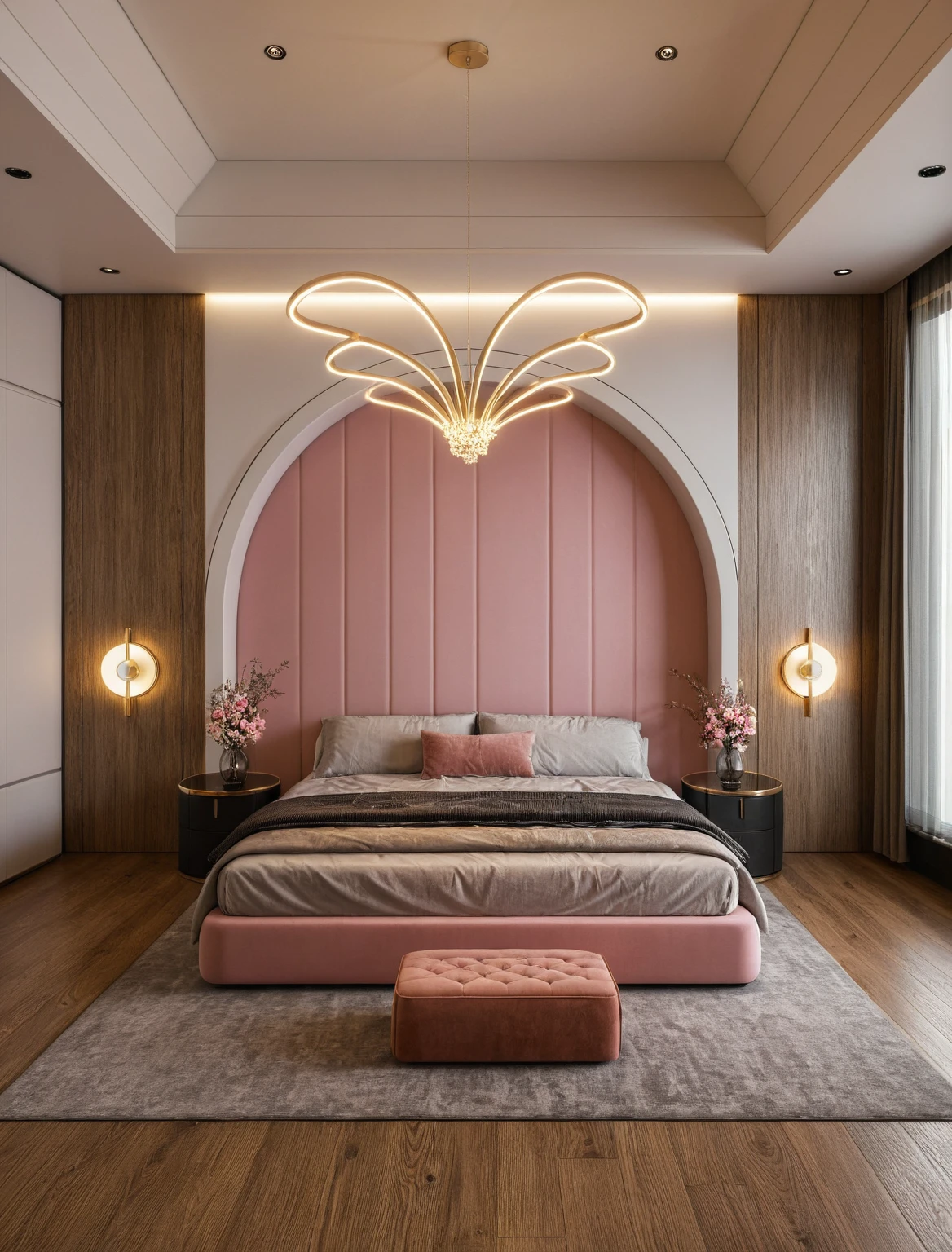Raw photo,Masterpiece, high quality, best quality, authentic, super detail, interior, ((girl's bedroom)), ( style modern luxury), sunset, day light, bed, carpet, curves, bedside cabinets, wood floor, led, flower vase, butterfly chandelier , windows, downlight, (pink and black tones), wardrobe, glass cabinet doors, gold brace,