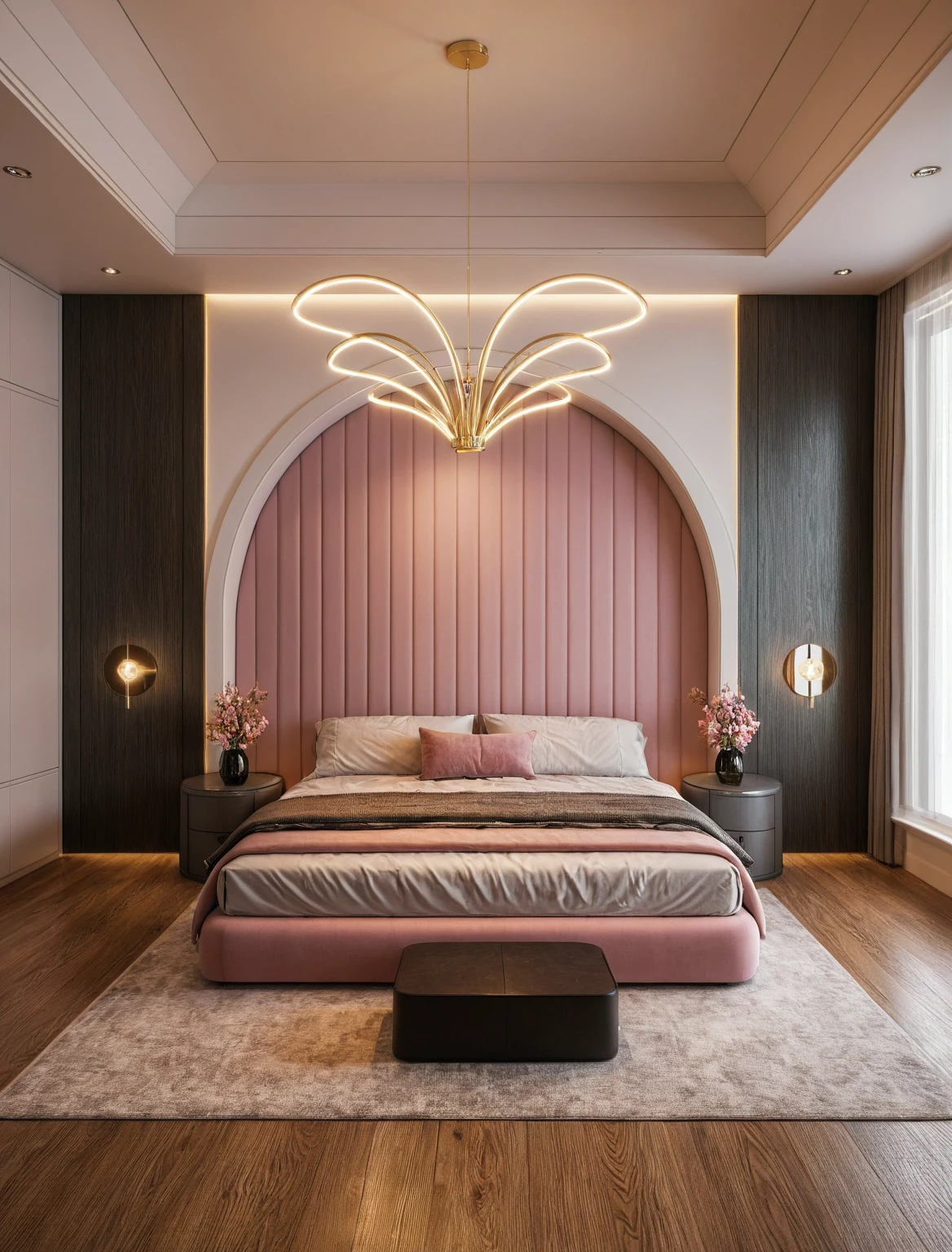 Raw photo,Masterpiece, high quality, best quality, authentic, super detail, interior, ((girl's bedroom)), ( style modern luxury), sunset, day light, bed, carpet, curves, bedside cabinets, wood floor, led, flower vase, butterfly chandelier , windows, downlight, (pink and black tones), wardrobe, glass cabinet doors, gold brace,