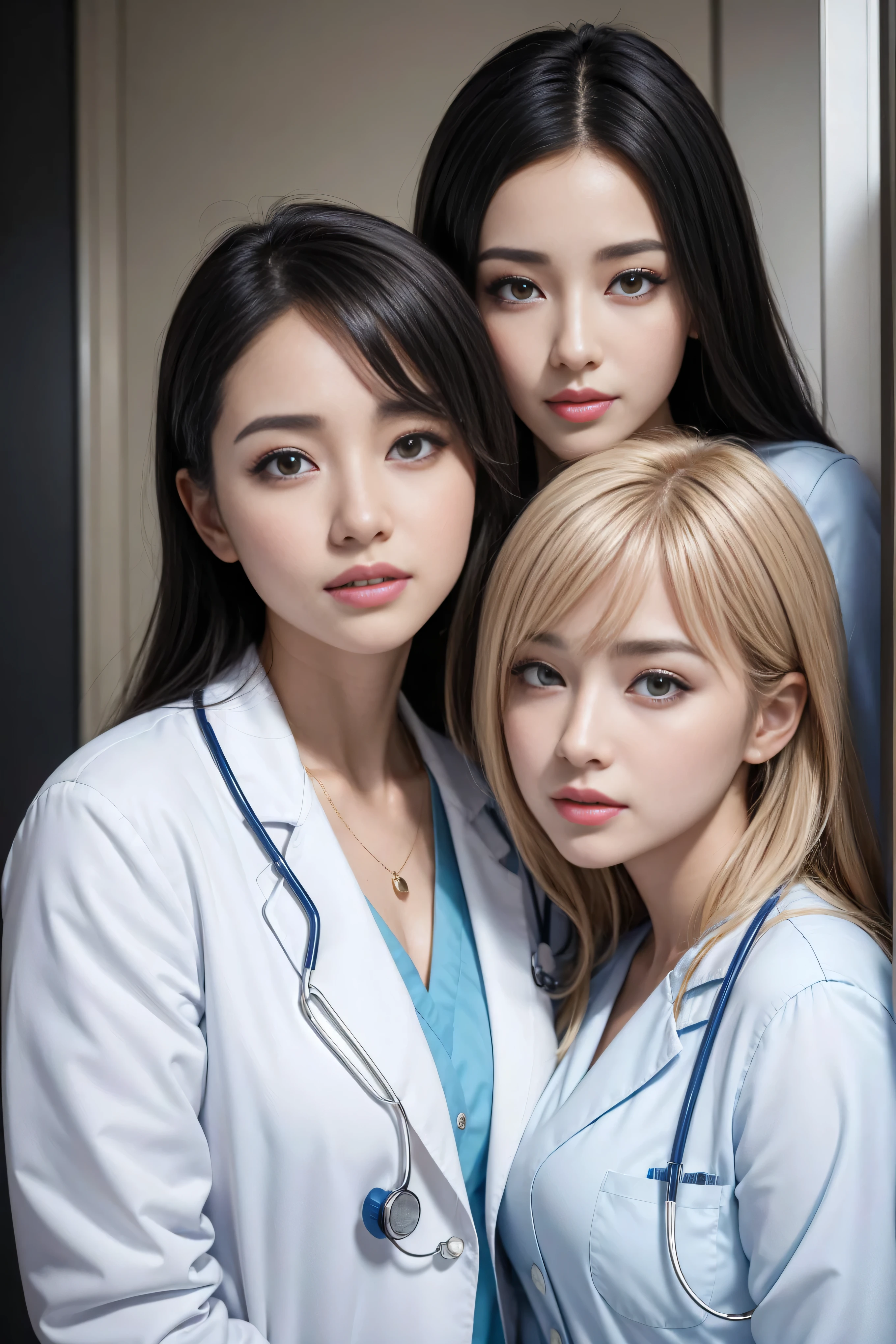 Realistic beautiful doctor、Stunningly beautiful、Doctor's white coat, Collared shirt、(Top quality、8K、32k、masterpiece、North African Trade Zone:1.3)、Ultra-high resolution,(Reality:1.4),Original Photography, Detailed face,,Beautiful hair, ((Doctor style)),,((Leg length)), （Thigh gap：1.5）， , Black tight skirt、 Natural Makeup,, Big plump breasts、In the hospital, Detailed background, Perfect lighting, Depth of Field, Beautiful shadow gradient,Stethoscope ,