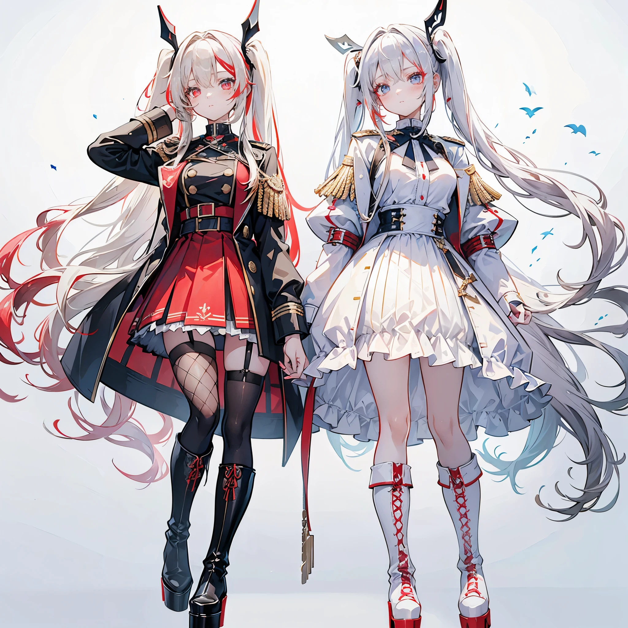Two girls, one with beige hair and very red eyes, the other with white hair and blue eyes, pigtails, long hair, white background, colorful jewels, light, high quality, military uniform, standing back to back, fishnet stockings, platform boots