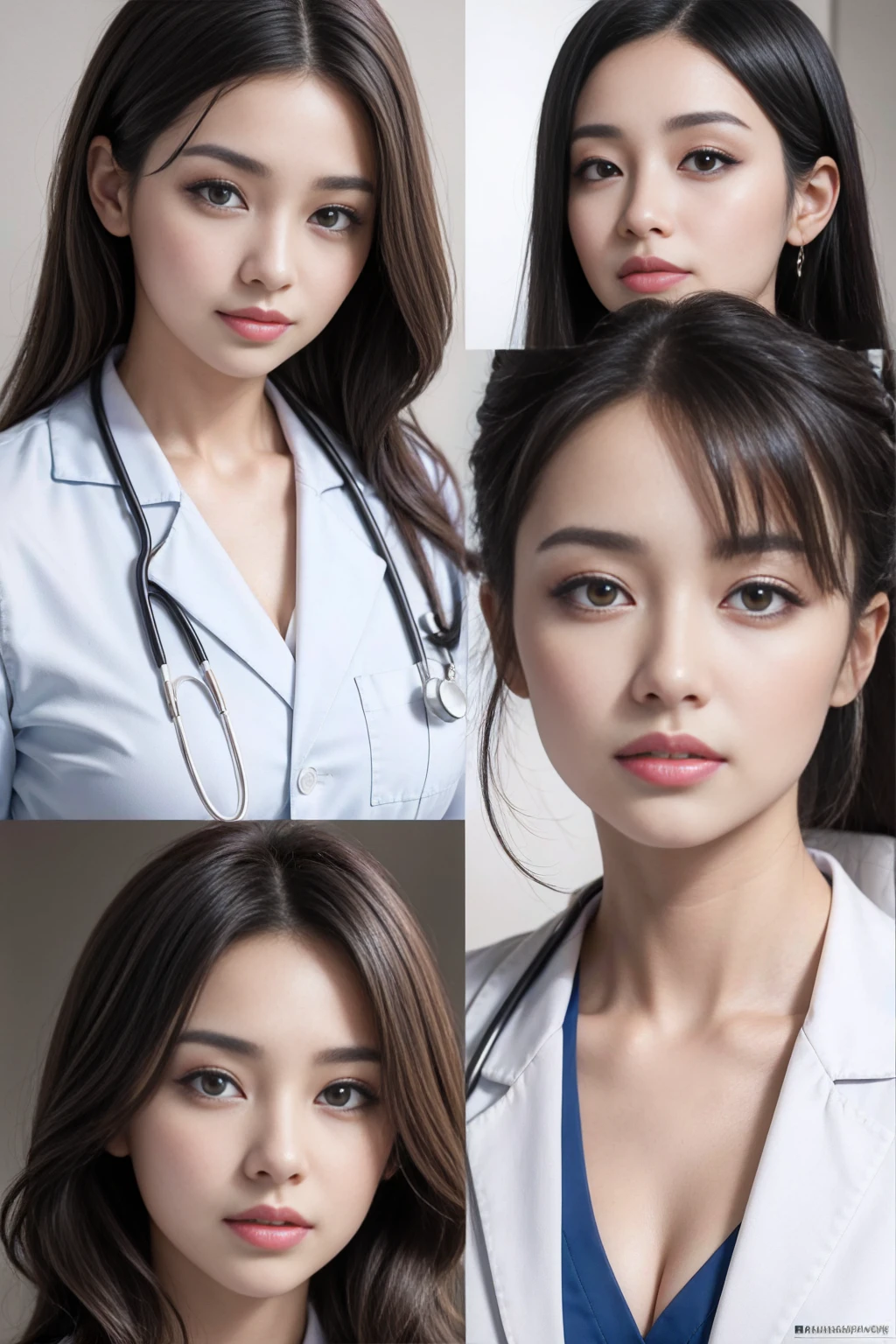Realistic beautiful doctor、Stunningly beautiful、Doctor's white coat, Collared shirt、(Top quality、8K、32k、masterpiece、North African Trade Zone:1.3)、Ultra-high resolution,(Reality:1.4),Original Photography, Detailed face,,Beautiful hair, ((Doctor style)),,((Leg length)), （Thigh gap：1.5）， , Black tight skirt、 Natural Makeup,, Big plump breasts、In the hospital, Detailed background, Perfect lighting, Depth of Field, Beautiful shadow gradient,Stethoscope ,