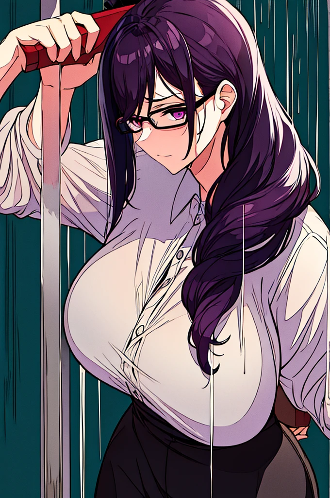 masterpiece,Big Breasts,beauty,Purple glasses,Black Hair,Side Ponytail,Bloody,rabbit mask,Holding a hatchet,heavy rain,Wet with rain
