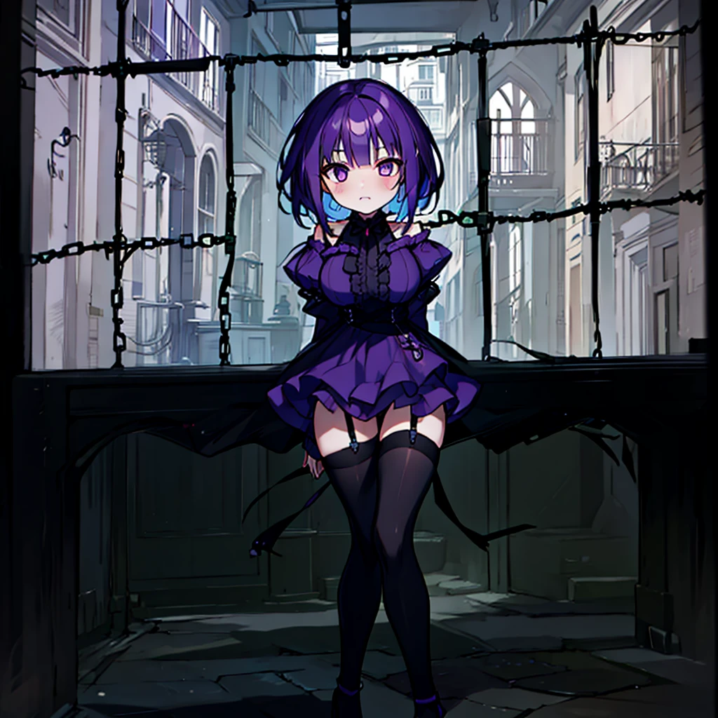 (solo), (1 skinny short girl:1.2), in the dark hall of mansion, (midnight), purple eyes over hair, Gothic Lolita, arms behind back, BREAK, (black short hair), (bursting lhuge breasts:1.1), (bouncing huge breasts:1.1), pale white skins, (skinny narrow waist), skinny legs, BREAK, (frilled layered black short dress), (frilled black cape), close chest, frilled long sleeve, show off thigh gap, (frilled black thighhighs:1.1), stiletto heels, BREAK, sad face, orgasm, coverd erectile nipples