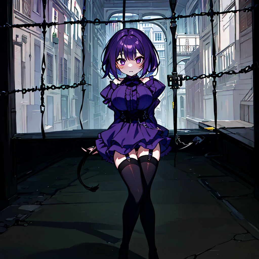 (solo), (1 skinny short girl:1.2), in the dark hall of mansion, (midnight), purple eyes over hair, Gothic ta, arms behind back, BREAK, (black short hair), (bursting lhuge breasts:1.1), (bouncing huge breasts:1.1), pale white skins, (skinny narrow waist), skinny legs, BREAK, (frilled layered black short dress), (frilled black cape), close chest, frilled long sleeve, show off thigh gap, (frilled black thighhighs:1.1), stiletto heels, BREAK, sad face, orgasm, coverd erectile nipples