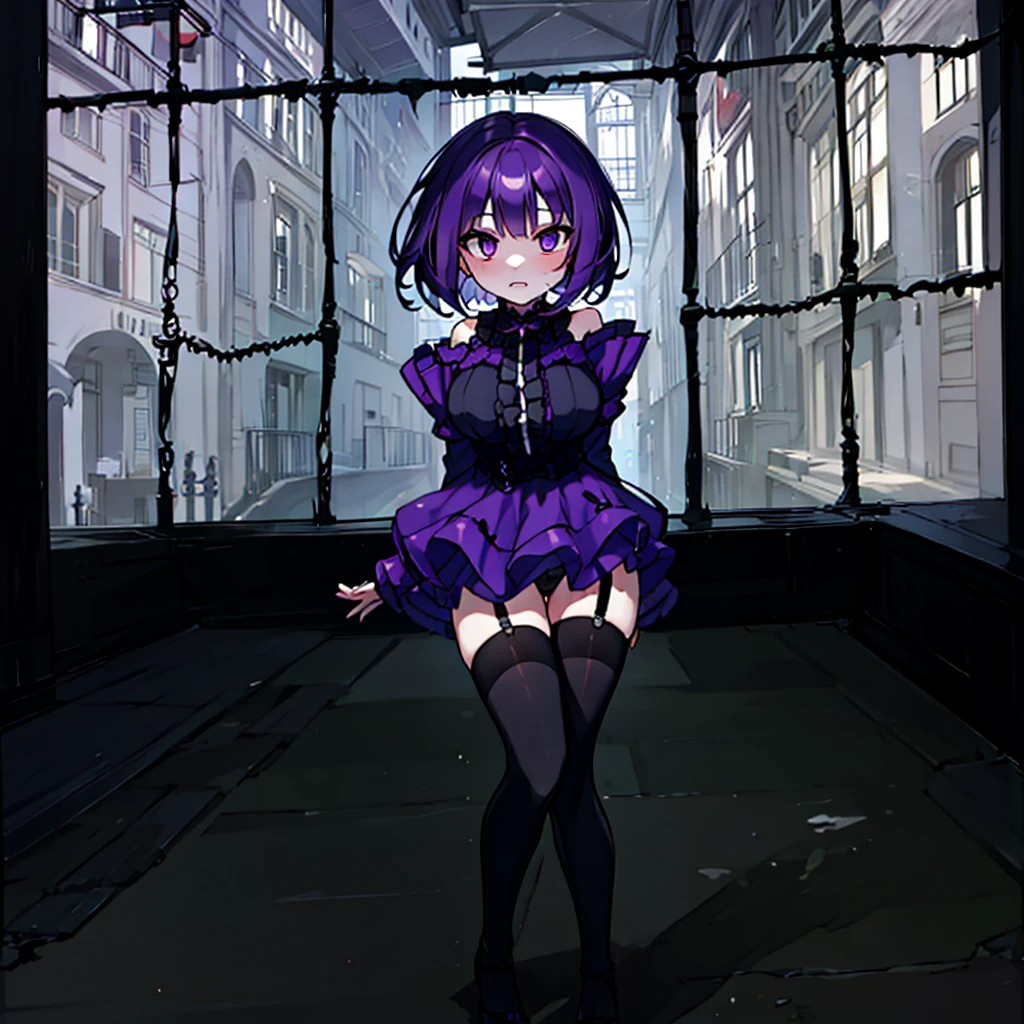 (solo), (1 skinny short girl:1.2), in the dark hall of mansion, (midnight), purple eyes over hair, Gothic Lolita, arms behind back, BREAK, (black short hair), (bursting lhuge breasts:1.1), (bouncing huge breasts:1.1), pale white skins, (skinny narrow waist), skinny legs, BREAK, (frilled layered black short dress), (frilled black cape), close chest, frilled long sleeve, show off thigh gap, (frilled black thighhighs:1.1), stiletto heels, BREAK, sad face, orgasm, coverd erectile nipples