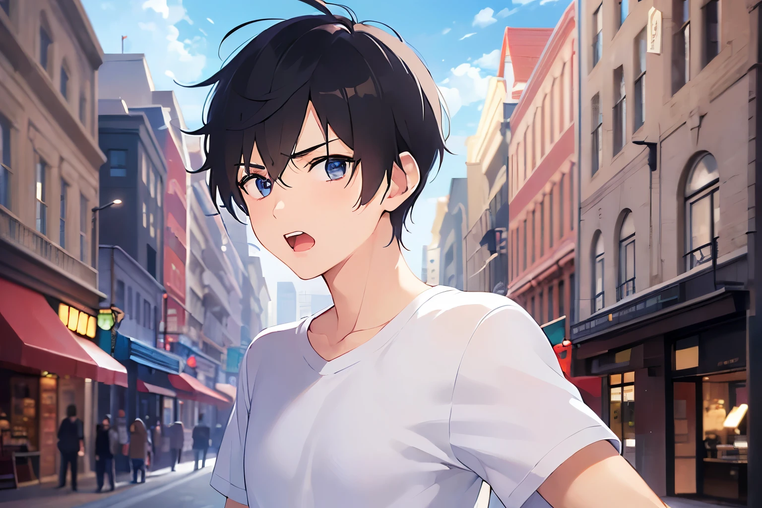(outstretched arm:1.5), upper body、shiny skin, masterpiece、Highest quality、(25-year-old male:1.5) and (Black short hair) and (blue eyes), White T-shirt、Are standing、open mouth, (surprised:1.5)、The background is a shopping street、alone