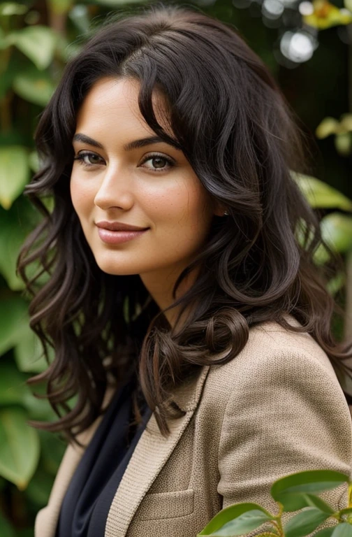 1 adult woman, Longhaire, curly hair, black hair, soft skin, eyes browns, ssmile, vegetation, Casual, Business women's style clothing, Blaser brun clair, realisitic, with experience in a fancy restaurant, 8k super realistic, super detailed and realistic