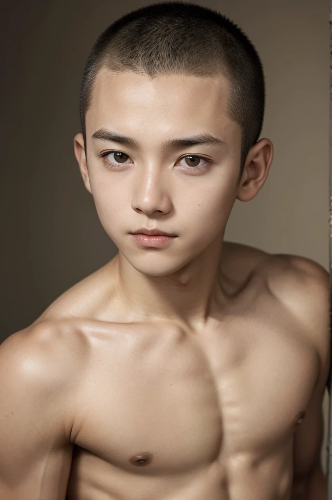 A 9-year-old boy with delicate features,Buzz cut,Chest muscles,Look up at the camera
