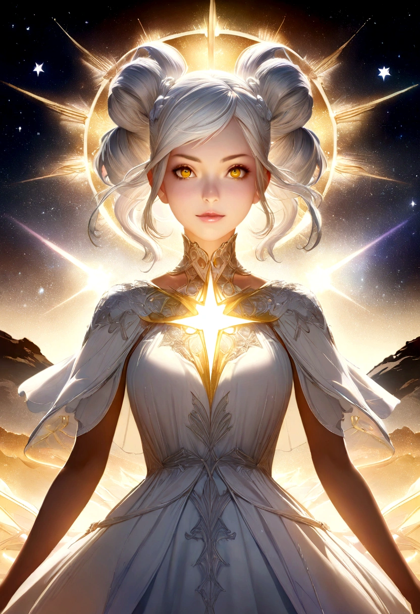 a beautiful anime girl, white dress with starry theme, yellow eyes, white hair, detailed face, intricate hairstyle, glowing stars, celestial background, fantasy, 8k, high quality, digital art, concept art, beautiful lighting, vibrant colors, photorealistic