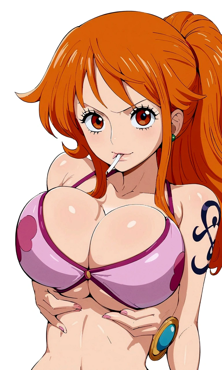 a cartoon picture of a woman in a bikini top and jeans, nami one piece, nami from one piece, nami, beautiful portrait of nami, from one piece, oppai, blue eyes, smoking, ponytail