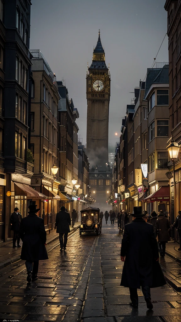 A foggy Victorian London street at night, cobblestone roads glistening with moisture, illuminated by gas street lamps casting a warm, golden glow. Horse-drawn carriages trundle along the road, their wheels echoing against the cobblestones. Tall, narrow buildings with ornate facades line the street, their windows adorned with wrought-iron balconies. Gentlemen in top hats and long coats, and ladies in elegant dresses with parasols, stroll along the sidewalks. In the distance, the iconic silhouette of Big Ben rises above the mist, its clock face dimly visible. The entire scene exudes a sense of historical charm and mystery, reminiscent of a Sherlock Holmes adventure.