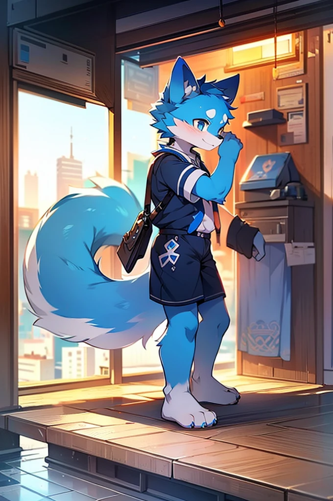 Blue fur, Canine, fox motif, boy, uniform,expensive，One person，Stand up on your own feet，背がexpensive，Cityscape，