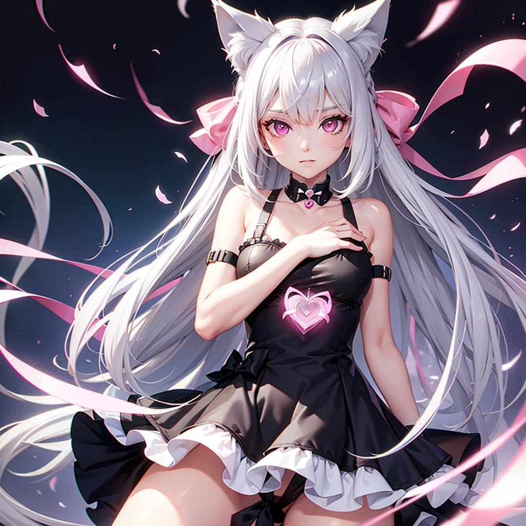 Silver hair, pink eyes, body, cat ears, girl, hair bow, heart fantasy background
