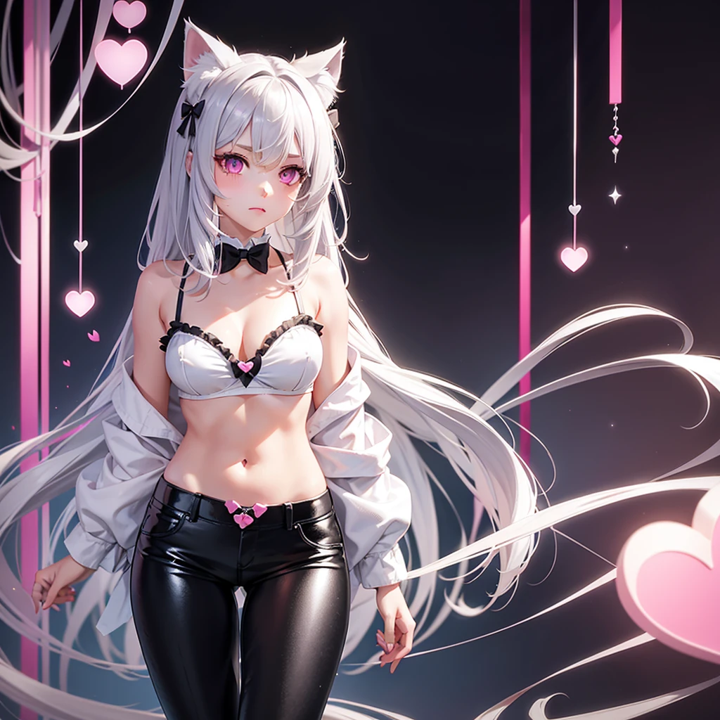 Silver hair, pink eyes, body, cat ears, cute girl, hair bow, heart fantasy background, pants