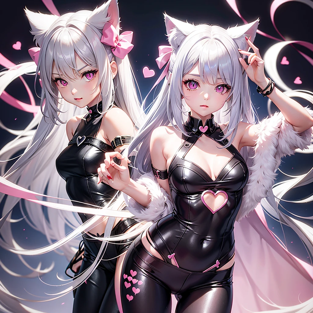 Silver hair, pink eyes, body, cat ears, cute girl, hair bow, heart fantasy background, pants