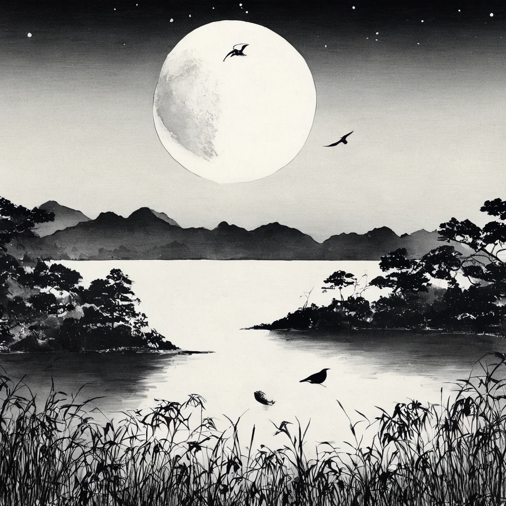 bird、lake、moon、star、Monochrome