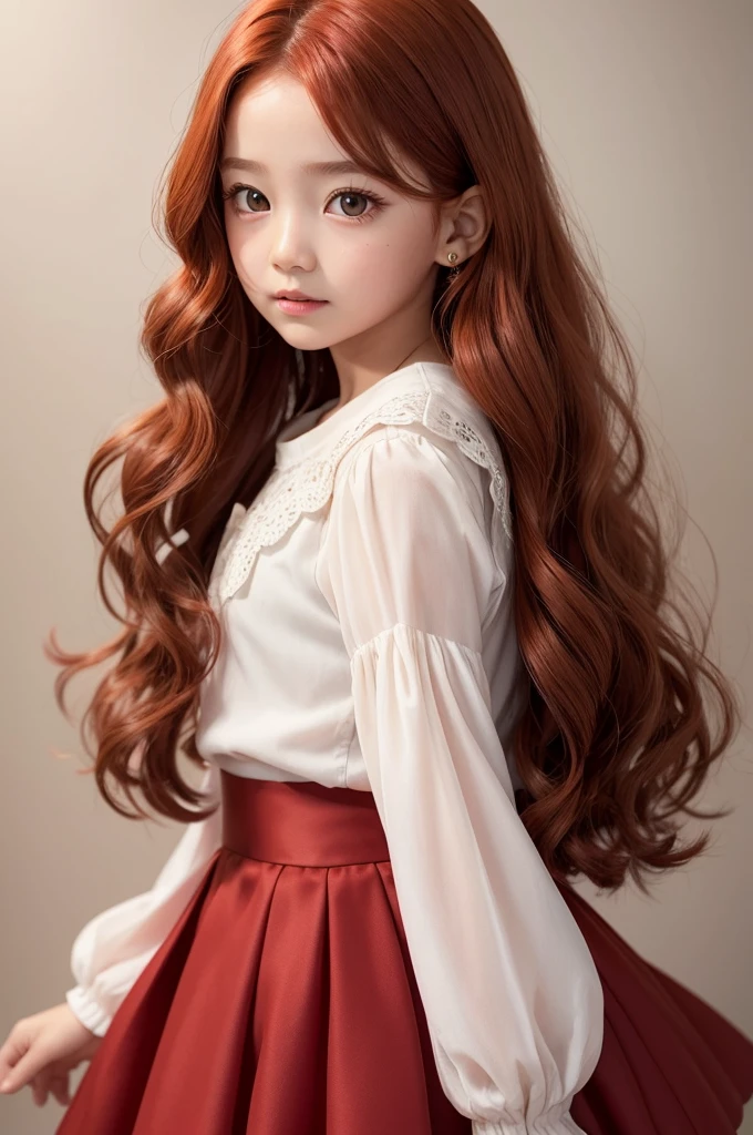 a super realistic 7 year old red hair big wavy light brown eye cropped with sleeves skirt