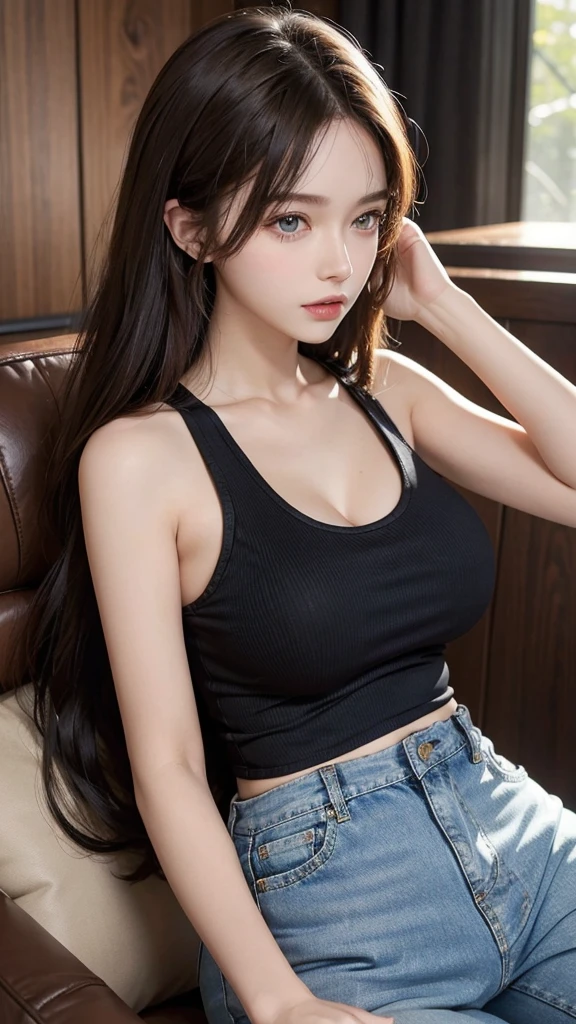 (lifelike, high - resolution:1.3), 1 girl with a perfect body, Super fine face and eyes,slong hair, Tank top of random colors:1.2, short jeans, big boob,Expose cleavage