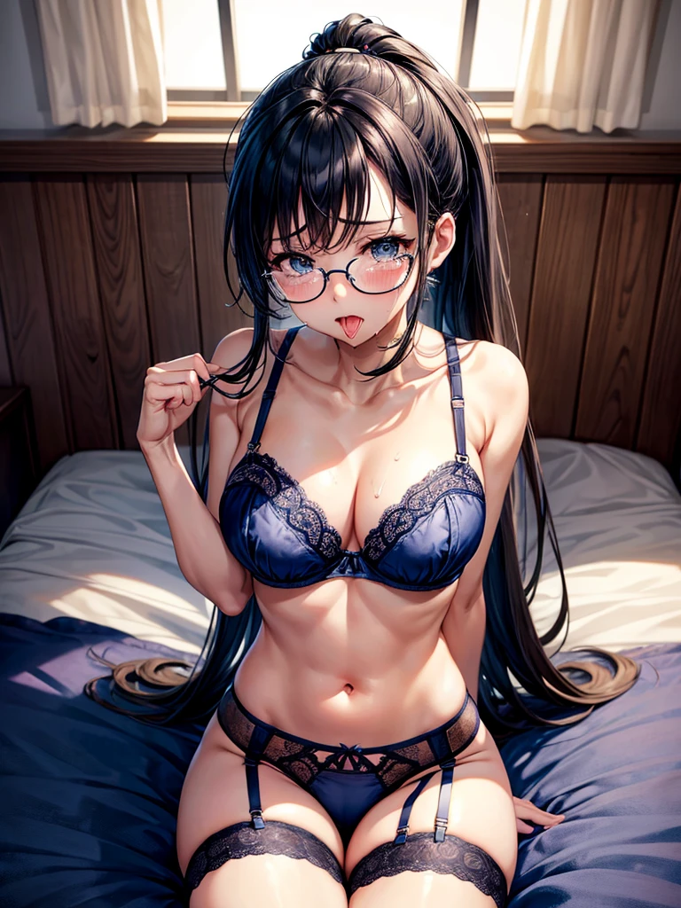 Highest quality,High resolution,1People Girl,beautiful girl,whole body,look up,looking at the camera,Big eyes,Glasses,Crying face,Tears,Stringy saliva,Open your mouth wide,Sticking out tongue,Flush saliva,Overflowing with saliva,ponytail,Black Hair,Big rainbow eyes,Bondage,High Leg,Tears overflow,Dripping a lot of saliva,Drooling,sexy,Western-style room,Alluring,Navy blue underwear,Navy blue bra,Navy blue garter belt,Navy blue stockings,bed,