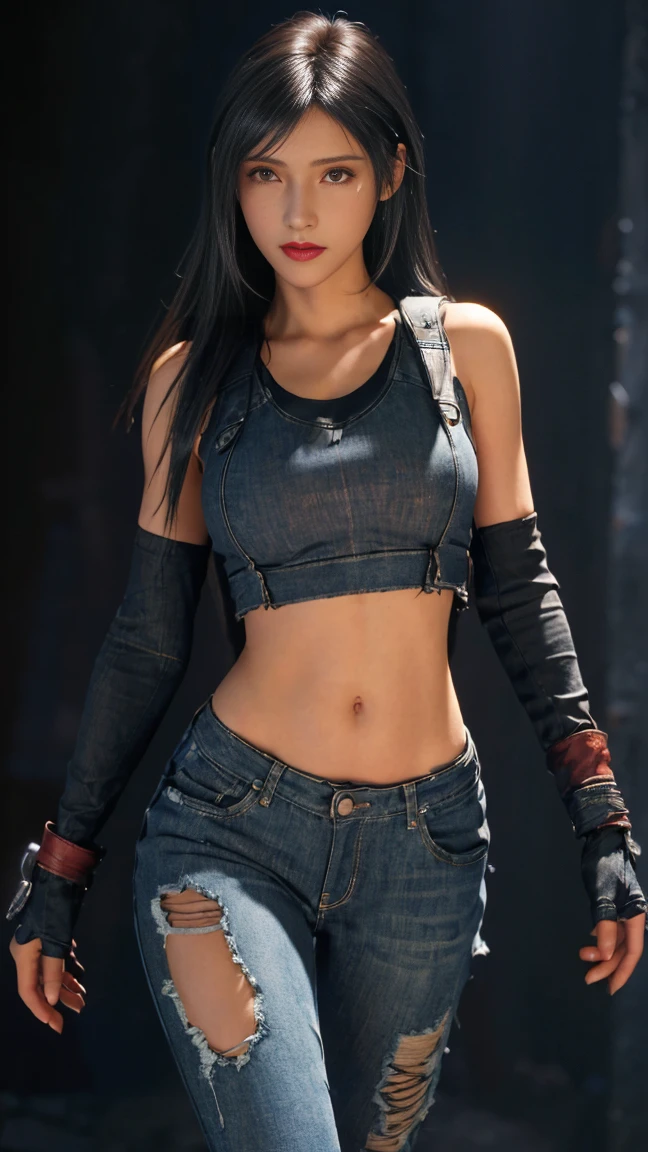 8K, Top Quality, Intricate Details, Ultra Detail, Ultra High Resolution, Masterpiece, close up shot, (full body: 1.1), Slender, Smile, (Makeup: 0.4), (walking), (Fluffy Eyes: 1.21), ((bangs)), 1girl, solo, 1 girl, (((red eyes, black hair, bangs, long hair)), ((Tifa,Tifa・lockhart,Final Fantasy 7,FF7,l)), close up shot, , ((tall)), (((fit body))), (((slim face))), sharp face, ((ripped denim)) , (detailed face), sharp face, small lips, ( walking), walk pose, walking pose,
((, torn denim)), , ((,)), detailed face, detailed breast, large breast, huge breast, (( )), detail ass, Narrow Waist, Skinny, tall , 175 cm tall, Muscular, Navel, Exposed Abdomen, Pointed Chest,, Beautiful girl with accentuated slender abs: 1.4, Six Pack Abs: 1.4,, Perfect Body, detail leg, (( dark background)), black background,