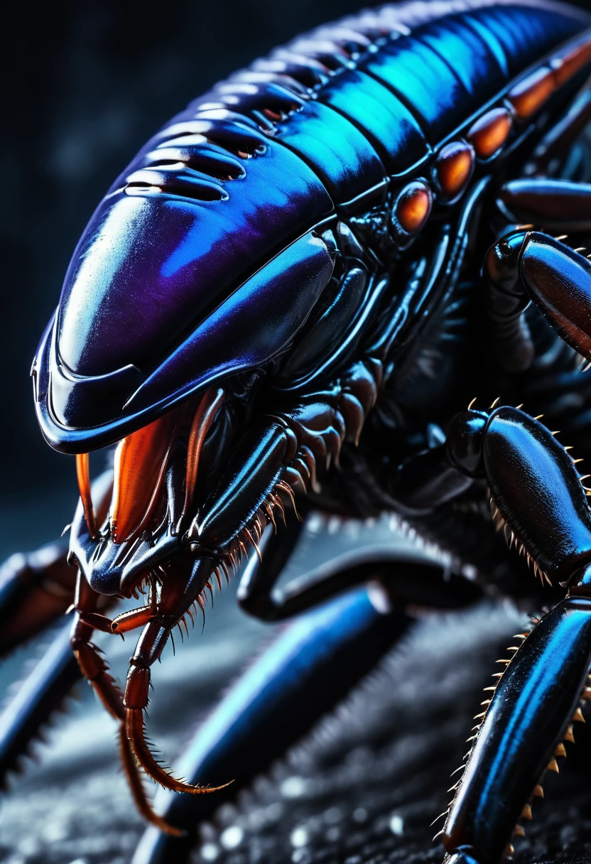(((Extreme close-up Xenomorph Cockroach hybrid surreal and cinematic images Color Splash images)),(((Front Images)))