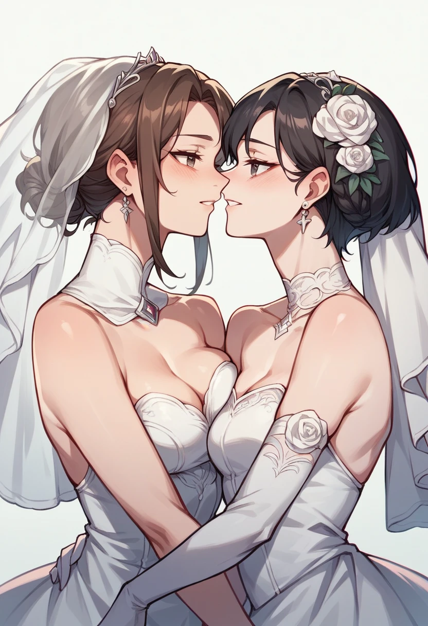 Create image of a lesbian wedding. The first bride in a white princess dress, she has short black hair, The second bride wore a white suit, she has medium-length brown hair