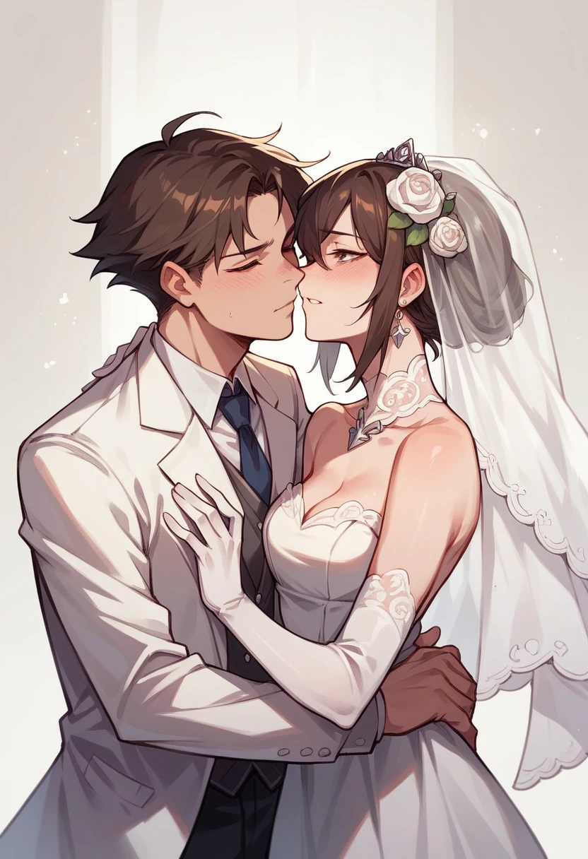 Create image of a lesbian wedding. The first bride in a white princess dress, she has short black hair, The second bride wore a white suit, she has medium-length brown hair