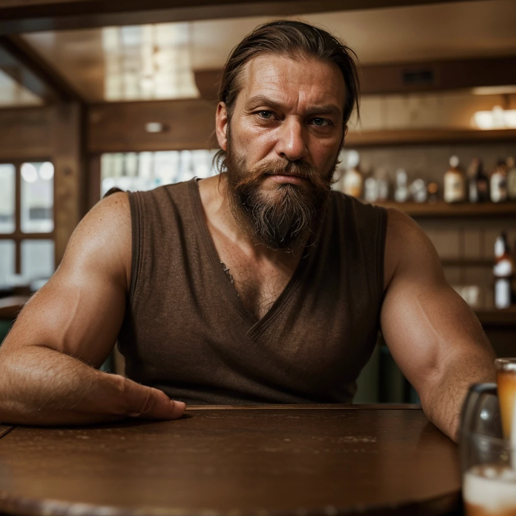Man with a bad-looking beard in his 40s, robust, sitting in front of a table in a bar drinking coffee and with a serious look reflecting on something serious