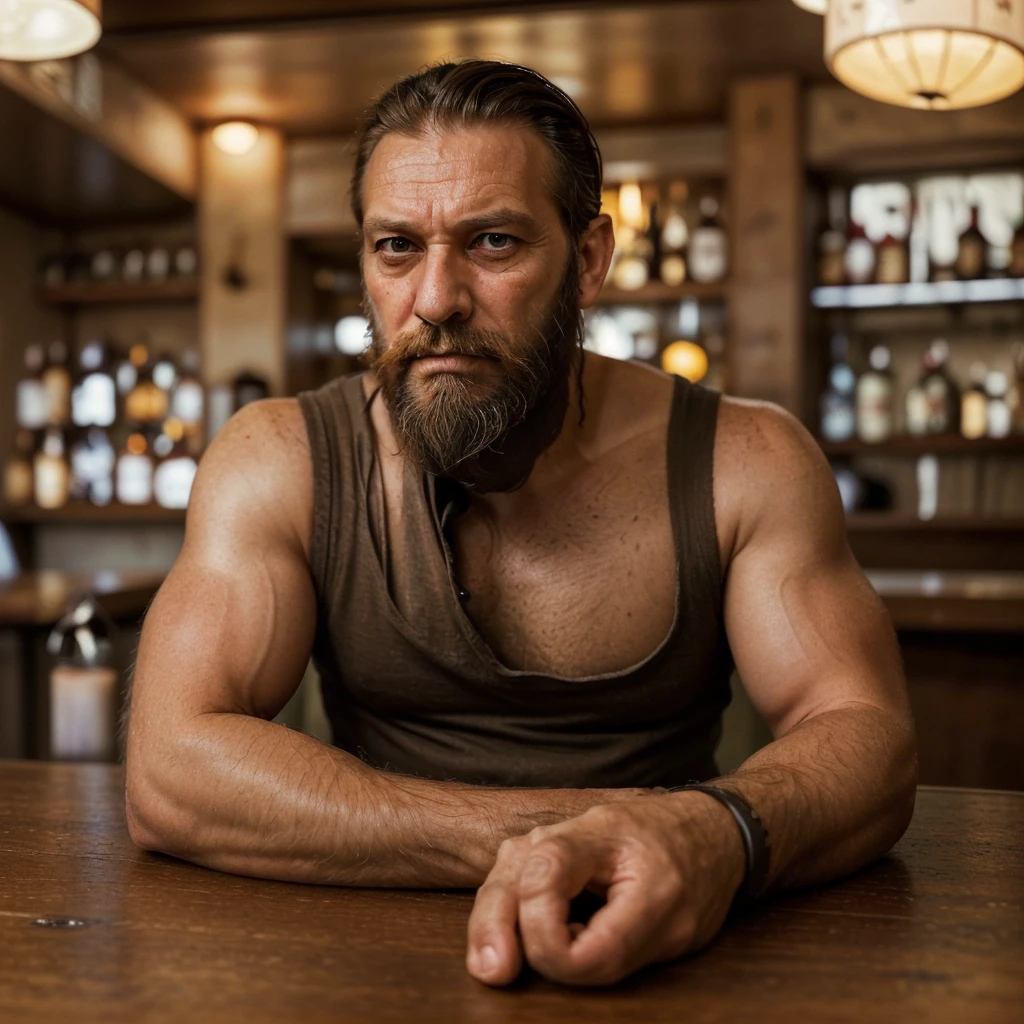 Man with a bad-looking beard in his 40s, robust, sitting in front of a table in a bar drinking coffee and with a serious look reflecting on something serious