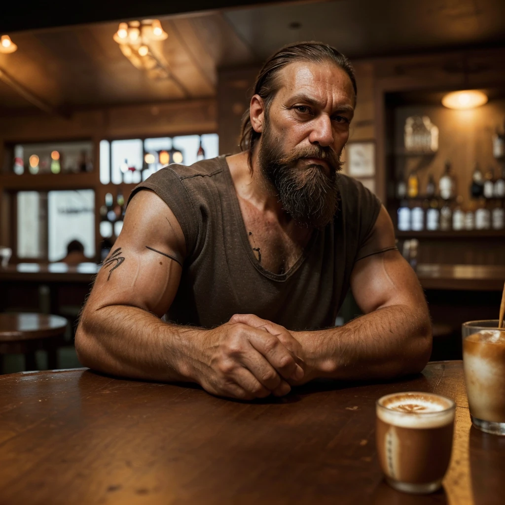 Man with a bad-looking beard in his 40s, robust, sitting in front of a table in a bar drinking coffee and with a serious look reflecting on something serious