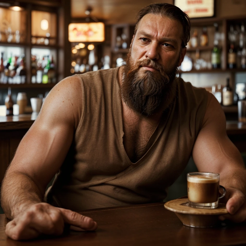 Man with a bad-looking beard in his 40s, robust, sitting in front of a table in a bar drinking coffee and with a serious look reflecting on something serious