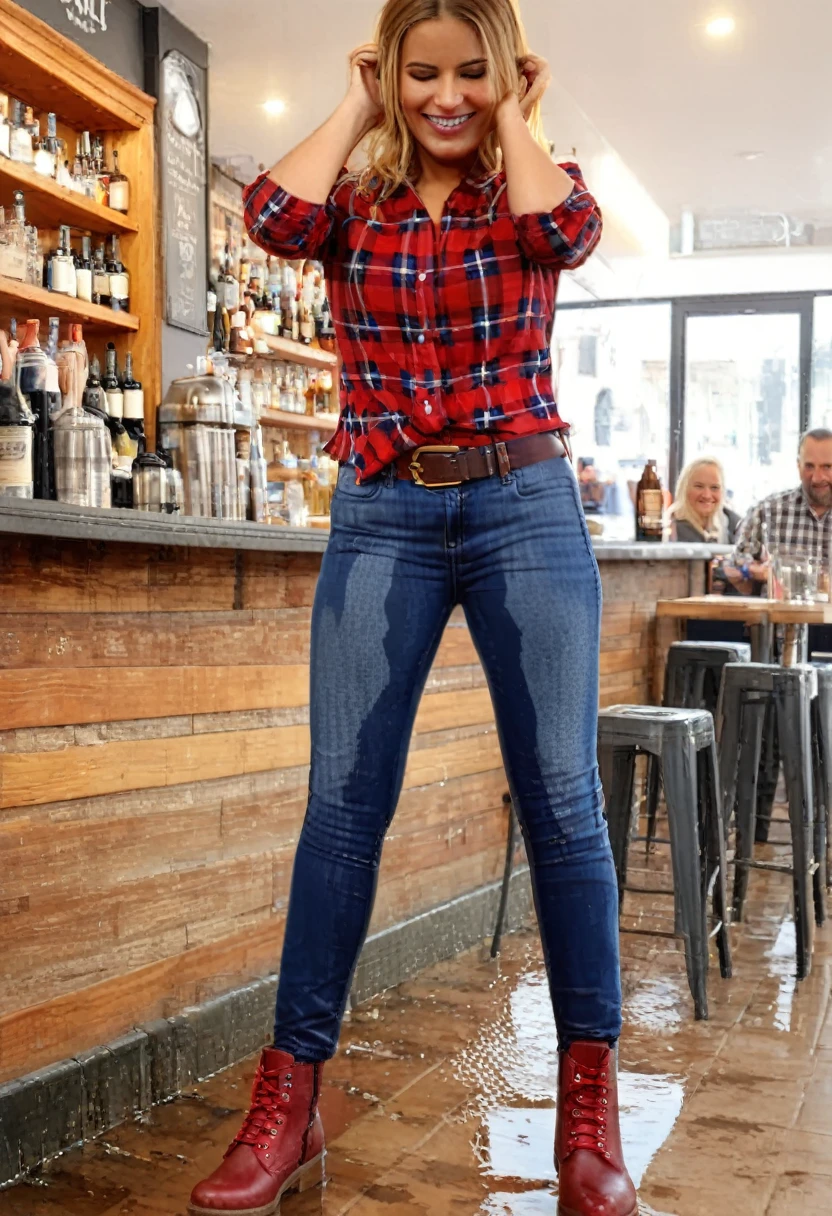 (same character same clothing same shoes), attractive woman with light brown hair wearing dark blue skinny jeans, brown belt, brown combat boots, red plaid blouse, standing in a crowded bar,  wetting, big smile, pee stains are gleaming wet, jeans completely soaked below the knee