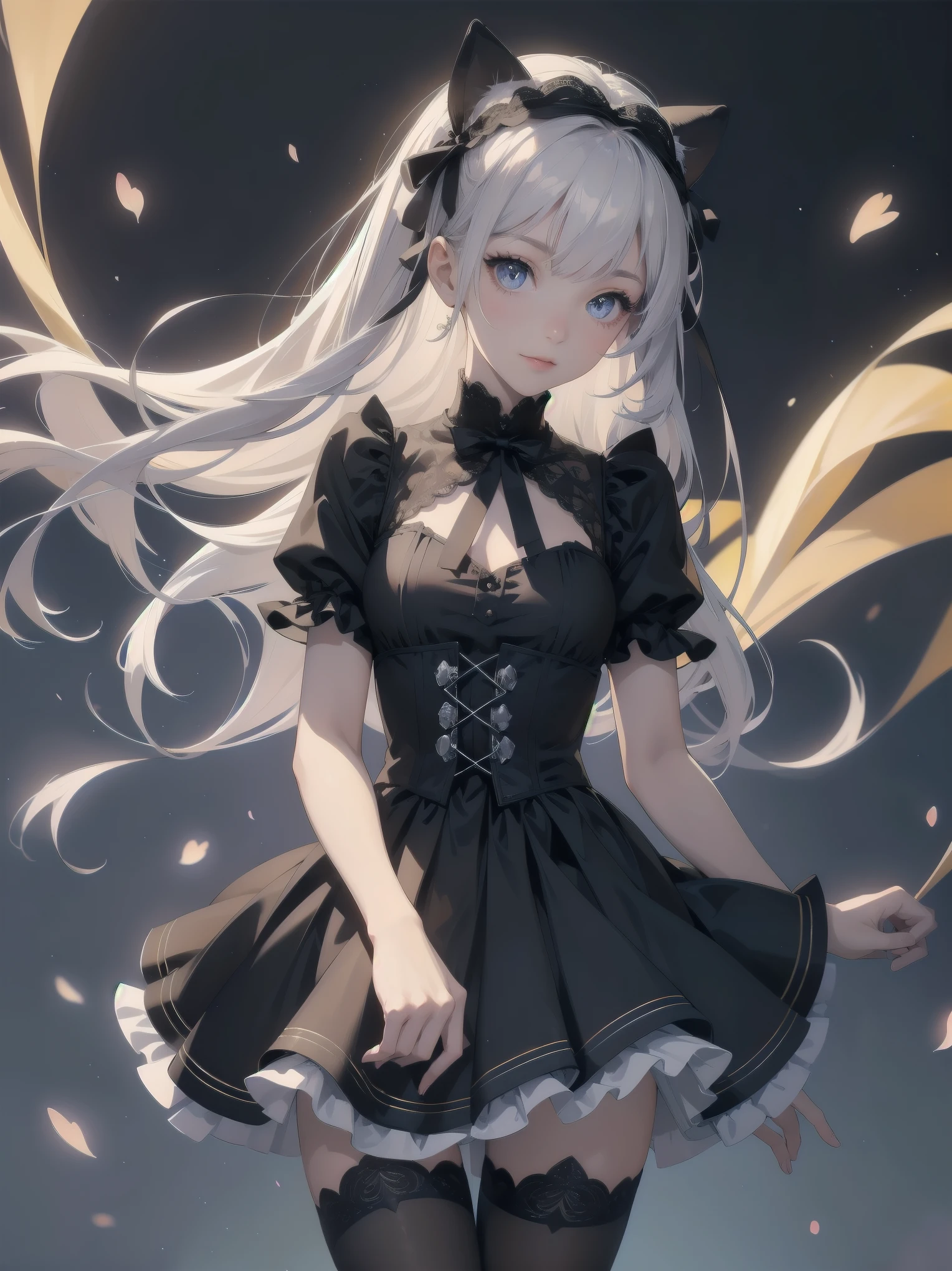 Masterpiece, Details, Solo, 1 Girl, Middle School Girl, Slender, , Fluffy Girlishly Cute and Stylish Attire, Fururu, Lace, Gothic Lolita Dress, Hair Ribbon, Smile, Black Tights, Cute Underwear, Stylish Hair, Big Eyes, Full Lips, White Catsuit, Princess Shoes, Beauty Legs, hair ribbon, hair band, pleated skirt, stirring motion, staring at you on date, sharp focus, perfect face, detailed face and eyes, dynamic, lively, shadows, colorful, mysterious, movie lighting, cute pose for model shoot