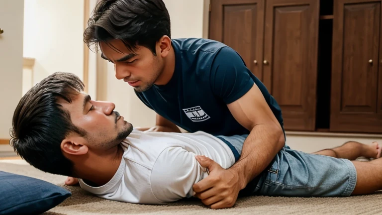 A boy is harassing his father at home and hitting him