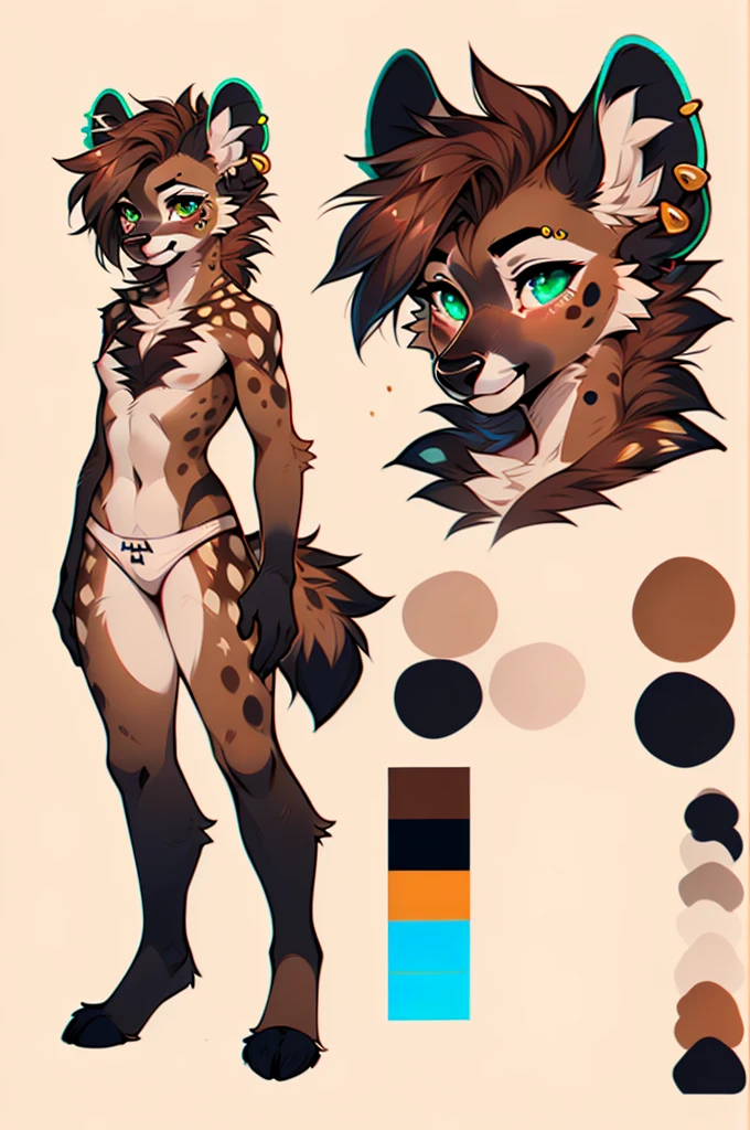original character reference sheet adoptable,((sfw)), cute anthro, (((half hyena half deer))), male, (cute snout:1.2), ((by hyattlen, by fumiko, ((by zackary, by fumiko)), solo, anthro, male deer, deer antlers, Bright brown fur body, ((brown ears)), red hair, mullet, detailed eyes, (heterochromatic eyes), (diferent color eyes), one red eye and one green eye, dark hyena spots, white fawn spots, white chest, perfect drawn deer tail, deer tail, cute deer tail, tiny fluffy tail, hyena arms, hyena paws, ((deer tail)), (three dark spots on each cheek), soft and warm chest, verry fluffy body, smirk, toned body, great anatomy, femboy, femboy jock, twink, big ass, thick thighs, well drawn hands, earrings, eyebrow piercing, good anatomy, detail, sexy pose, (full body), ((character design)), ((reference sheet)), color scheme, color pick,