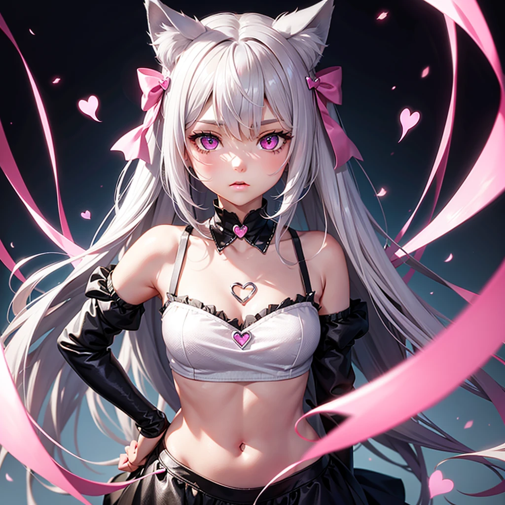 Silver hair, pink eyes, body, cat ears, cute girl, hair bow, heart fantasy background