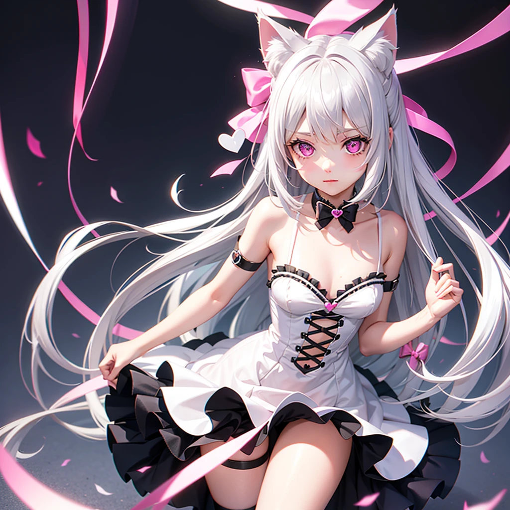 Silver hair, pink eyes, body, cat ears, cute girl, hair bow, heart fantasy background