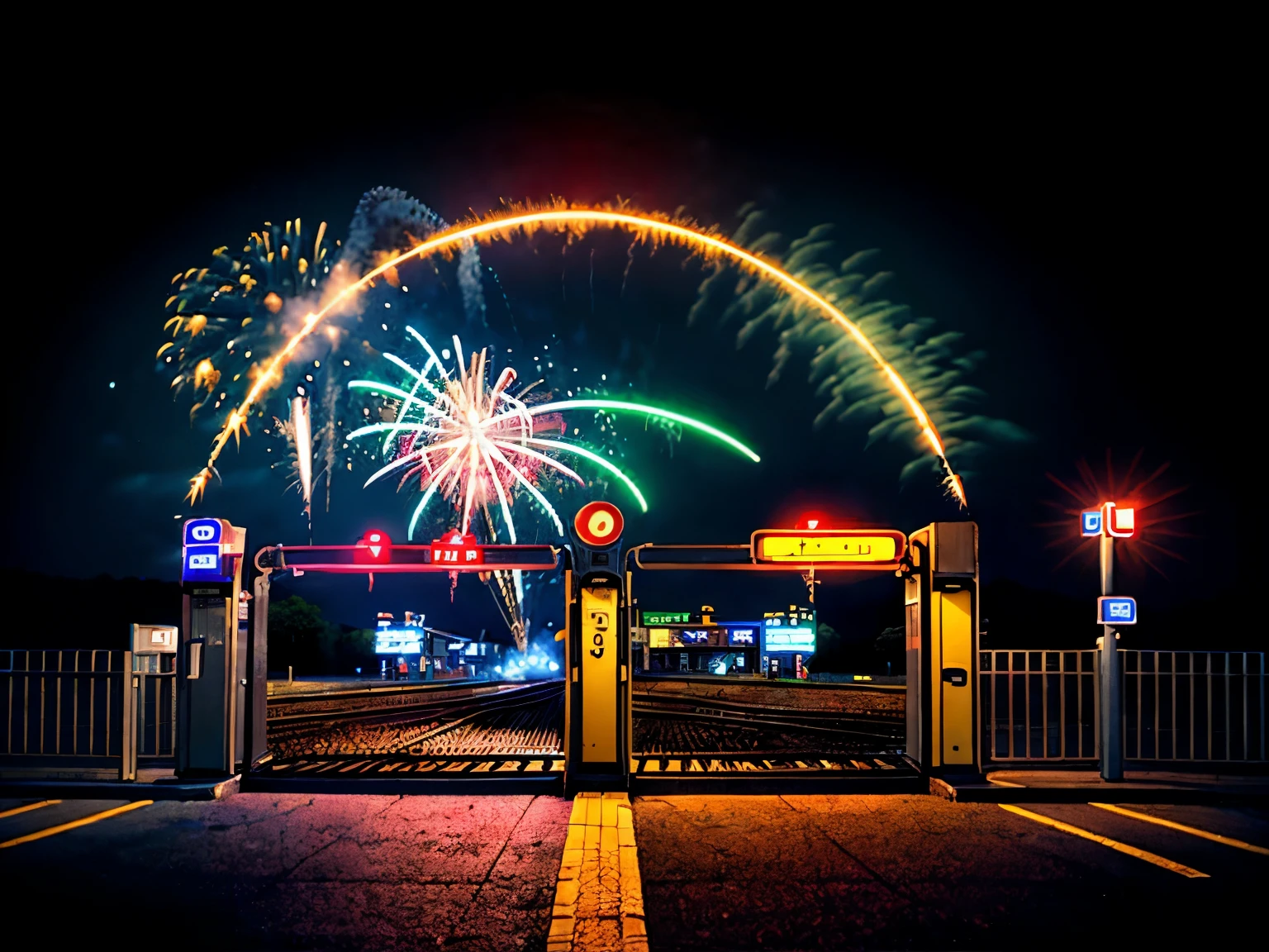 ticket gate of the station, night, neon isometric, fireworks