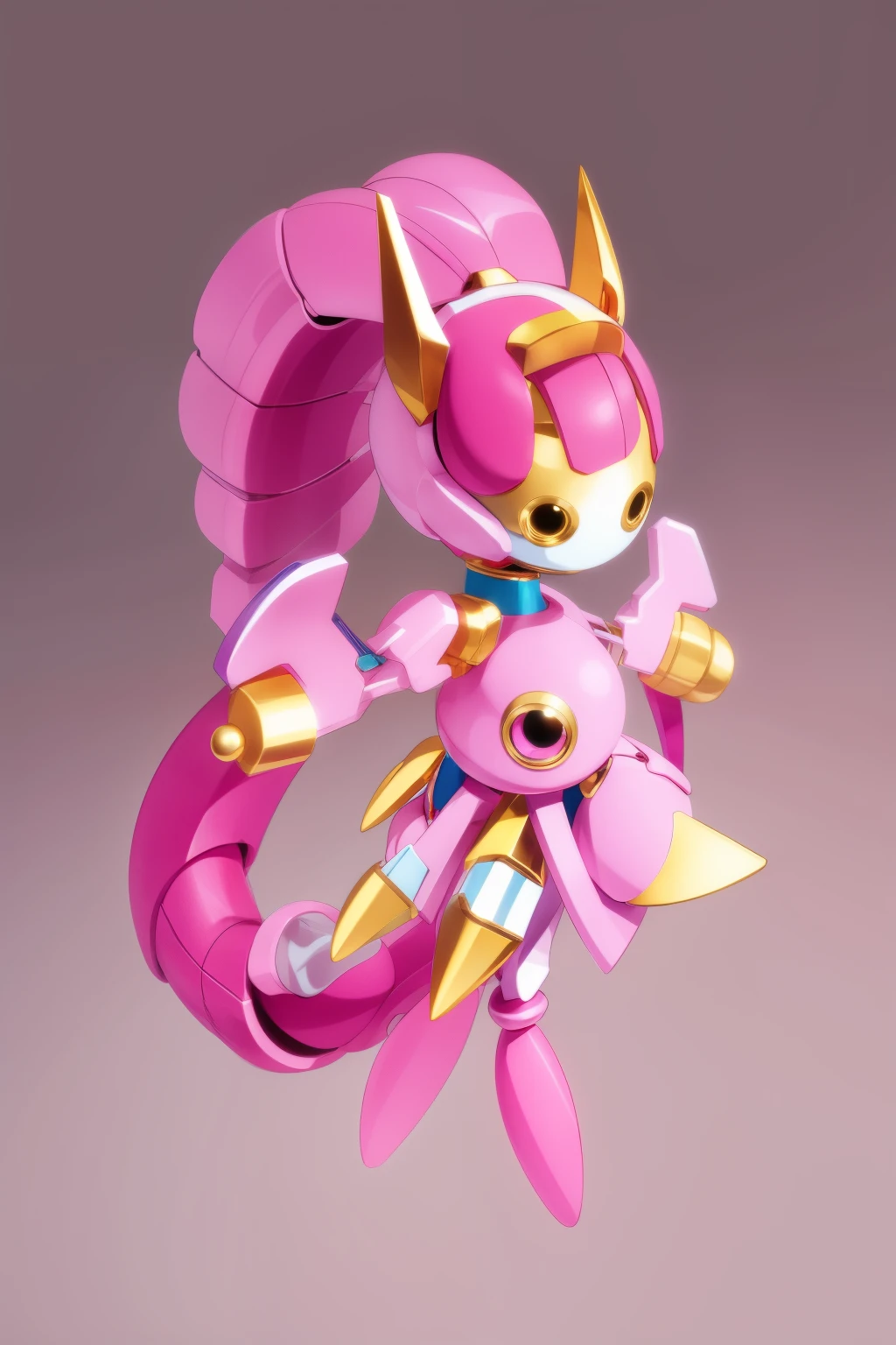 A solo pink and pupple Medabot with gold trim with no mouth and glowing eyes and long hair high ponytail, high detail, simple background, masterpiece,4k,8HD