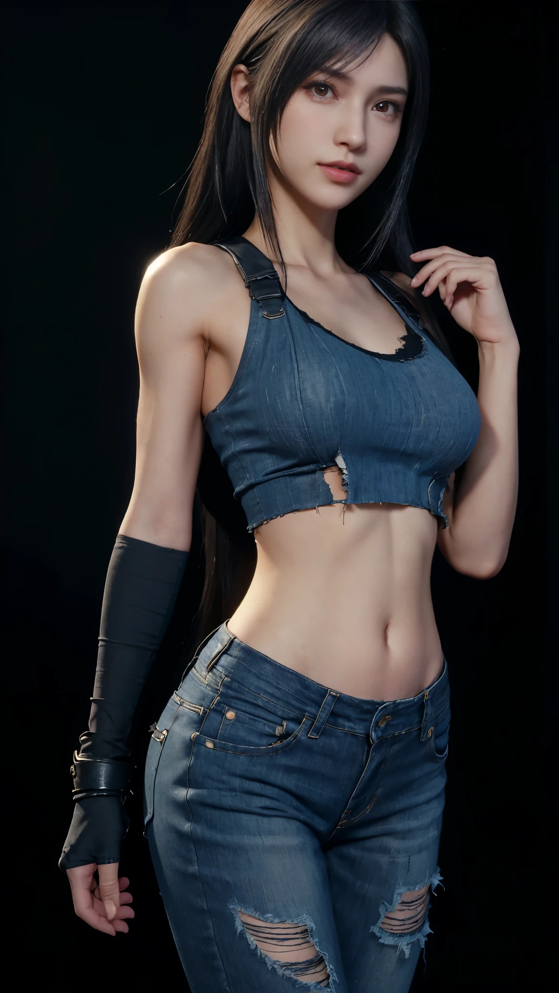 8K, Top Quality, Intricate Details, Ultra Detail, Ultra High Resolution, Masterpiece, close up shot, (full body: 1.1), Slender, Smile, (Makeup: 0.4), ,(( red eyes, black hair, bangs, long hair)), (Fluffy Eyes: 1.21), (()), 1girl, solo, 1 girl, ((Tifa,Tifa・lockhart,Final Fantasy 7,FF7,l)), close up shot, , ((tall)), (((fit body))), (((slim face))), sharp face, ((torn denim)) ,(detailed face), sharp face, small lips, , ,(( )) ,, ,
((,ripped top, ripped pants, torn top, torn pants )), , (( )), detailed face, detailed breast, large breast ,huge breast, detail nipples ,, Narrow Waist, Skinny, tall , 190 cm tall, Muscular, Navel, Exposed Abdomen, Pointed Chest,, Beautiful girl with accentuated slender abs: 1.4, Six Pack Abs: 1.4, , Perfect Body, detail legs, (( dark background)), black background,