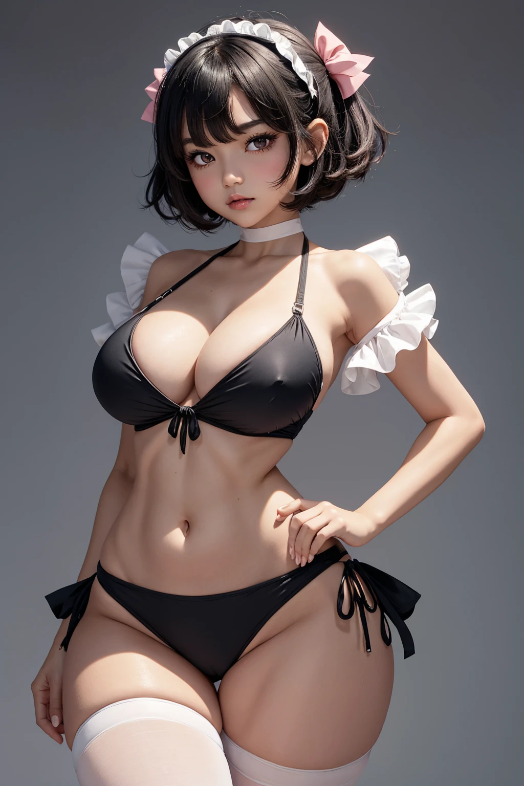 1girl, solo, short hair, breasts, looking at viewer, (blush), soft smile, bangs, simple background, black hair, thighhighs, navel, twintails, swimsuit, bikini, puffy sleeves, black thighhighs, huge breasts, covered nipples, hand on hip, pink eyes, maid headdress, wide hips, thin waist , big thighs ,black bikini, side-tie bikini bottom, anger vein, micro bikini higokko